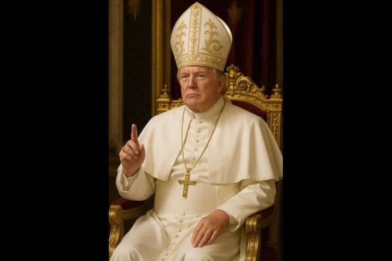 Donald Trump își prezintă un portret îmbrăcat în veșminte papale, înaintea conclavului de la Vatican