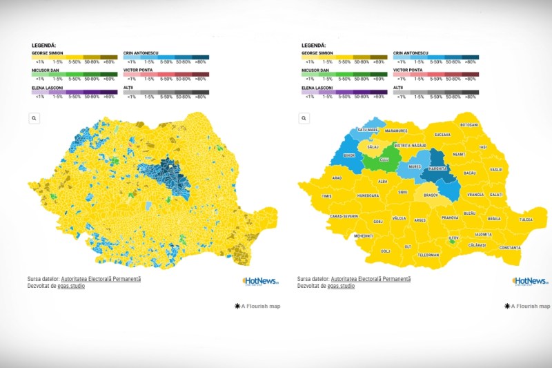 HARTĂ INTERACTIVĂ Rezultatele alegerilor prezidențiale în fiecare județ și localitate din România. Unde au câștigat Simion, Dan, Antonescu sau Ponta