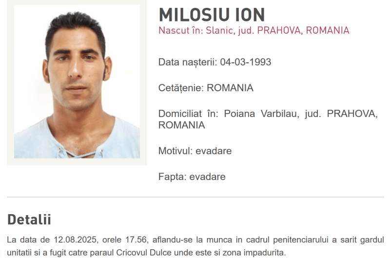 Căutările pentru deținutul fugit din penitenciarul Mărgineni se extind
