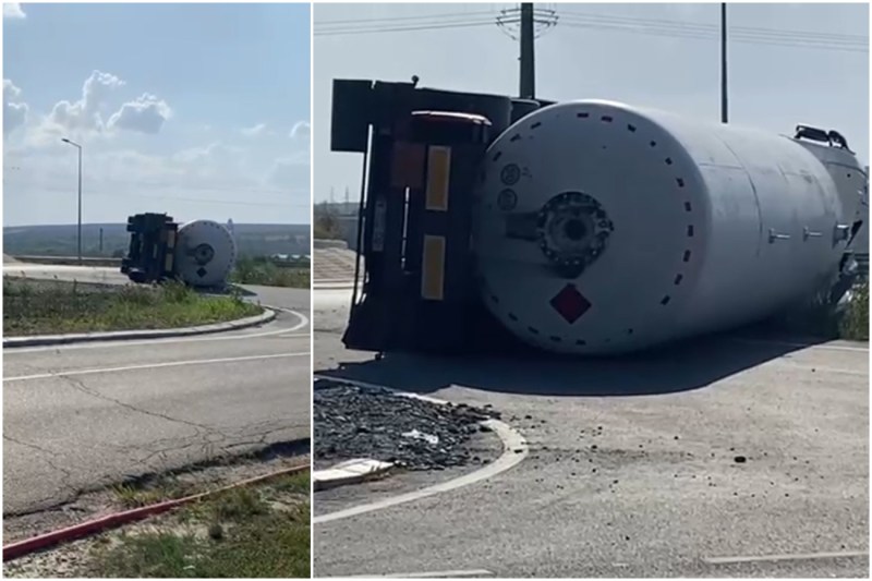 Video: risc de explozie pe E581, aproape de Bârlad, după ce o cisternă încărcată cu GPL s-a răsturnat. Zeci de oameni au fost evacuați.